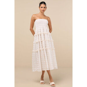 Lulus Beautiful Sentiments Ivory Floral Strapless Tiered Midi Dress White